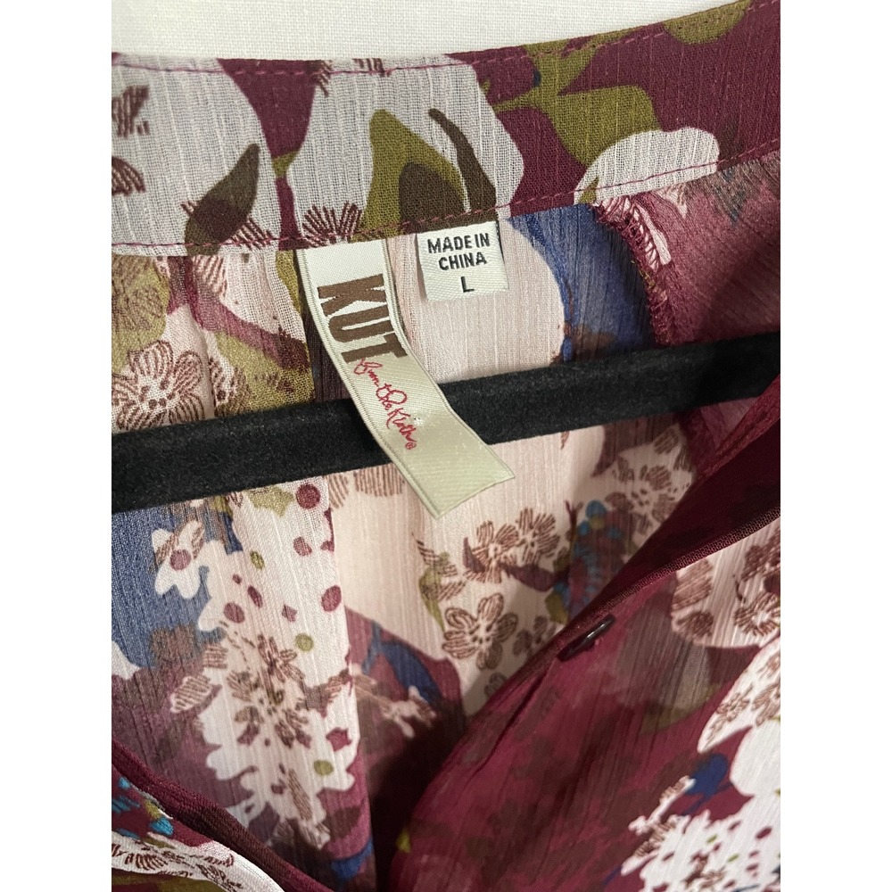 Kut from the Kloth Burgundy Floral Chiffon Blouse Tie Cuff Top Large KT60101 - Picture 4 of 9